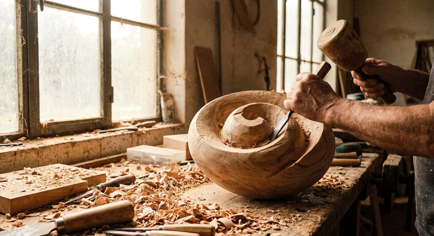 Sculpteur façonnant une œuvre en bois massif à l'atelier, ciseau et maillet